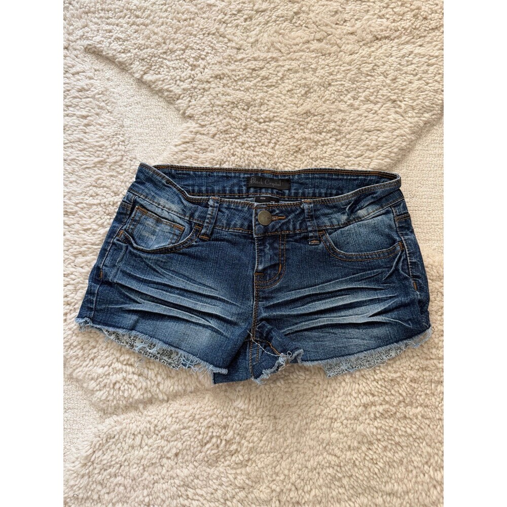 VTG Black Crystal Low Rise Jean Shorts Raw Hem Lace Trim Y2K Aesthetic